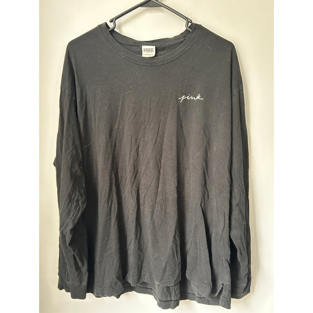 Victorias Secret PINK Black Long Sleeve Rhinestone Logo T-Shirt XXL